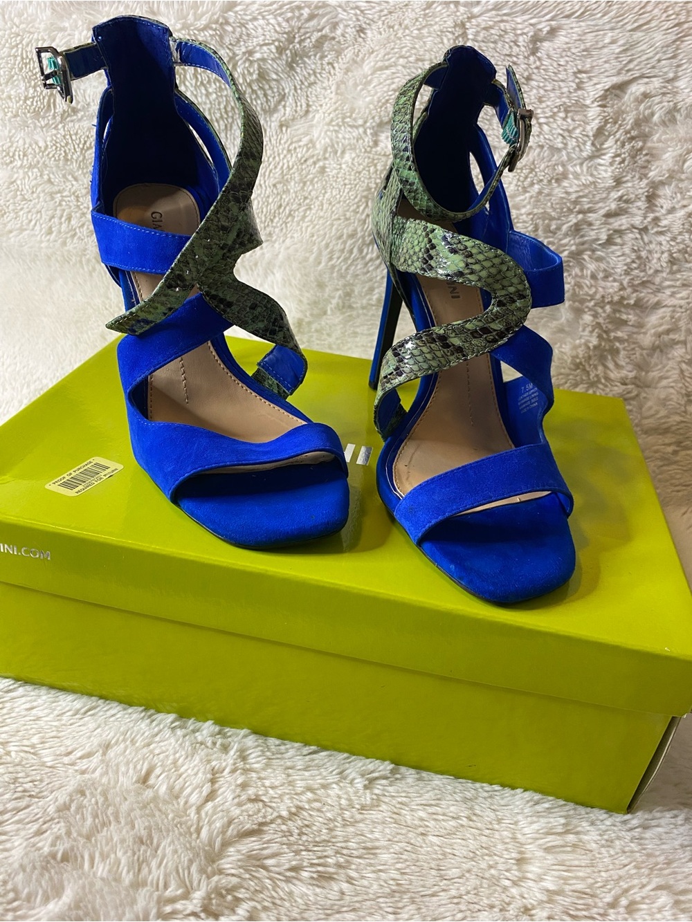 Gianni Bini Royal Blue Heels with Green Snake-Print Straps